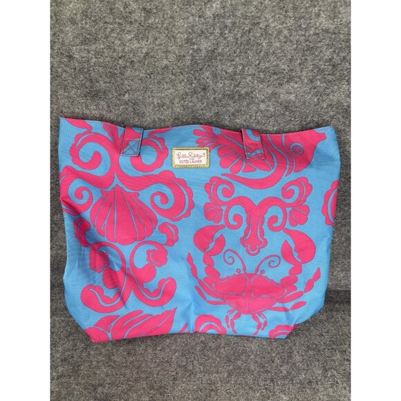 Lilly Pulitzer Tote Bag Womens Blue Pink Crab Seashell Beach Travel Estee Lauder - Picture 1 of 7